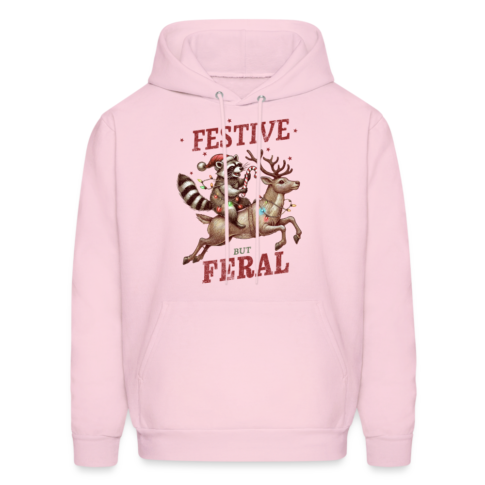 Festive But Feral Raccoon Christmas Hoodie - pale pink