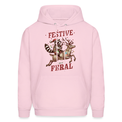 Festive But Feral Raccoon Christmas Hoodie - pale pink