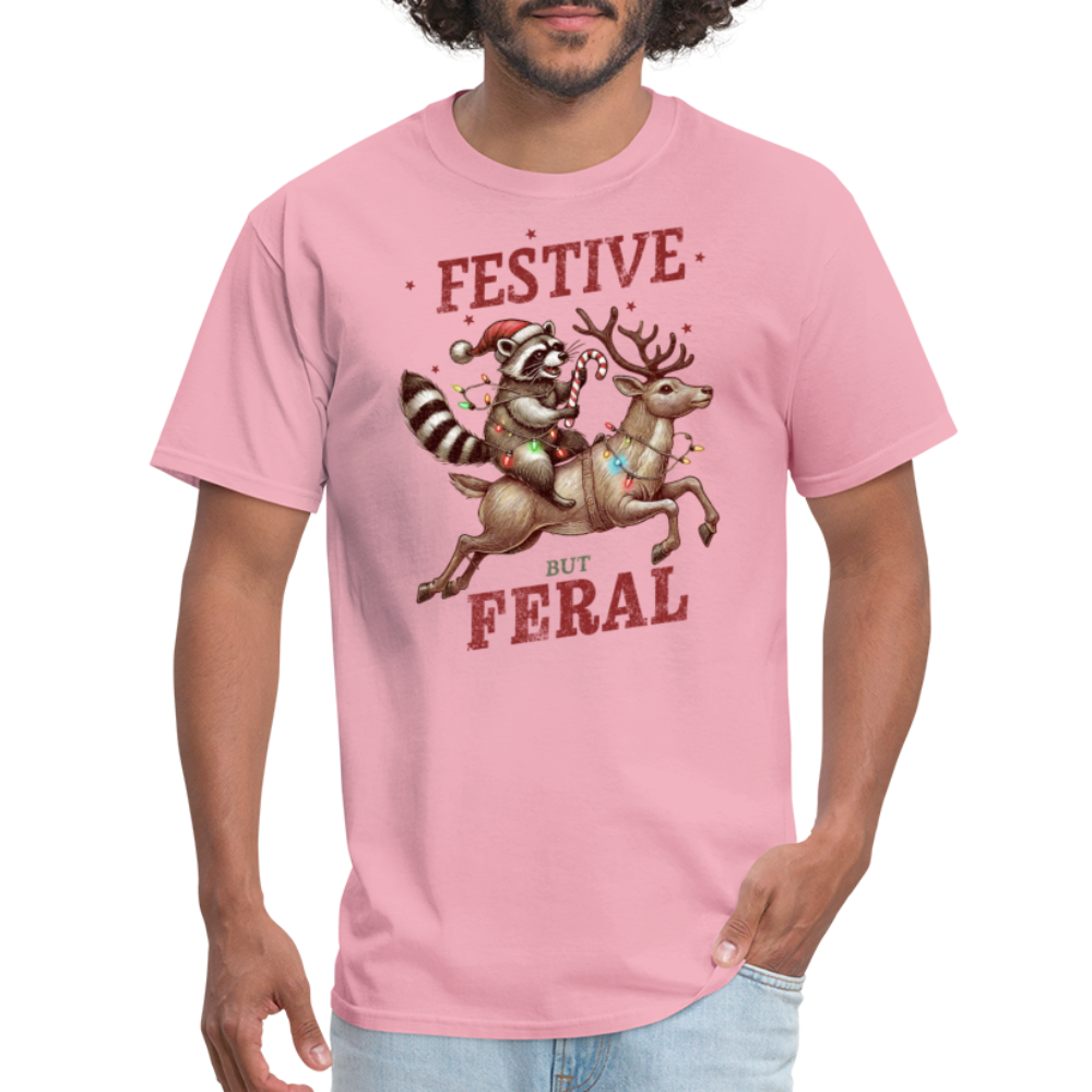 Festive But Feral Raccoon Christmas T-Shirt - pink