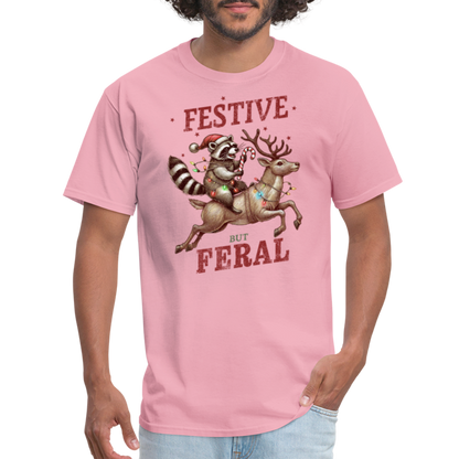 Festive But Feral Raccoon Christmas T-Shirt - pink