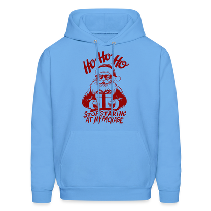 Ho Ho Ho Stop Staring Ay My Package (Funny Christmas Santa) Hoodie - carolina blue