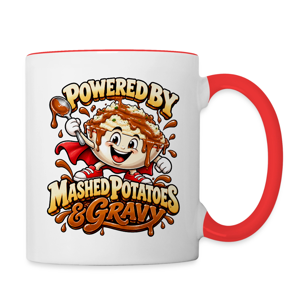 Powered by Mashed Potatoes & Gravy – Superhero Coffee Mug - white/red