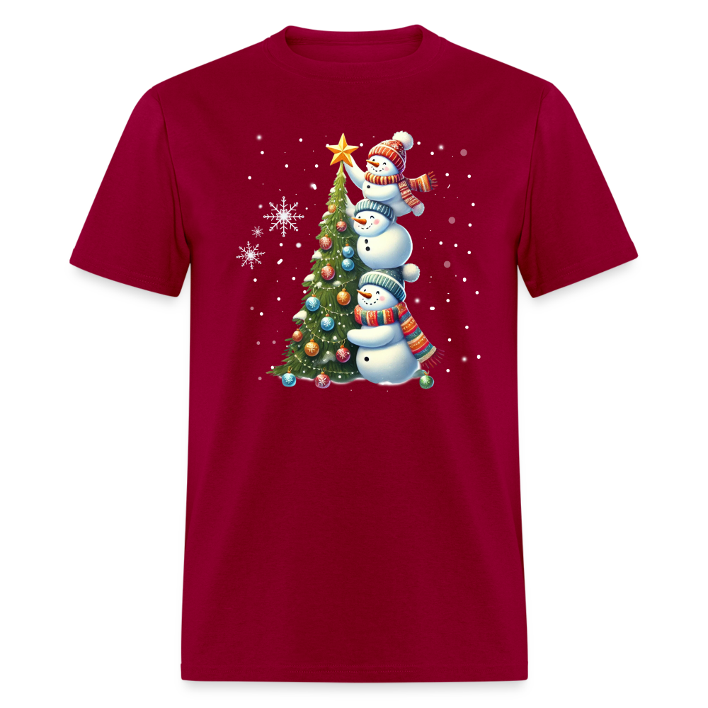 Cute Snowman Decorating Christmas Tree T-Shirt - dark red