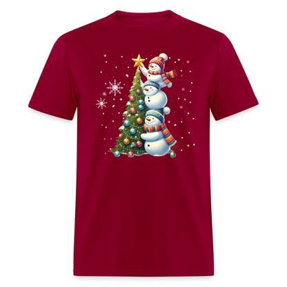 Cute Snowman Decorating Christmas Tree T-Shirt - dark red