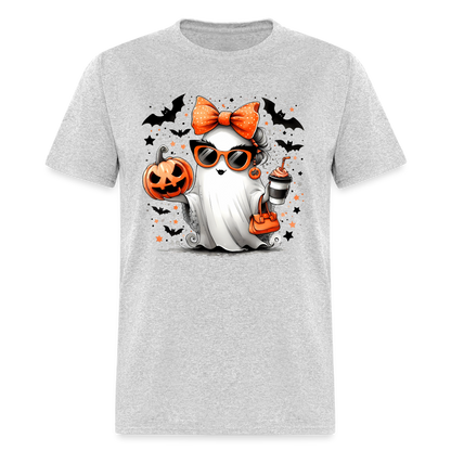 Cute Halloween Ghost with Pumpkins and Bats T-Shirt - heather gray