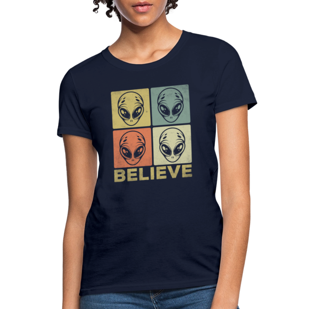 Believe Alien Women’s T-Shirt – Cute UFO Style with Alien Faces - navy