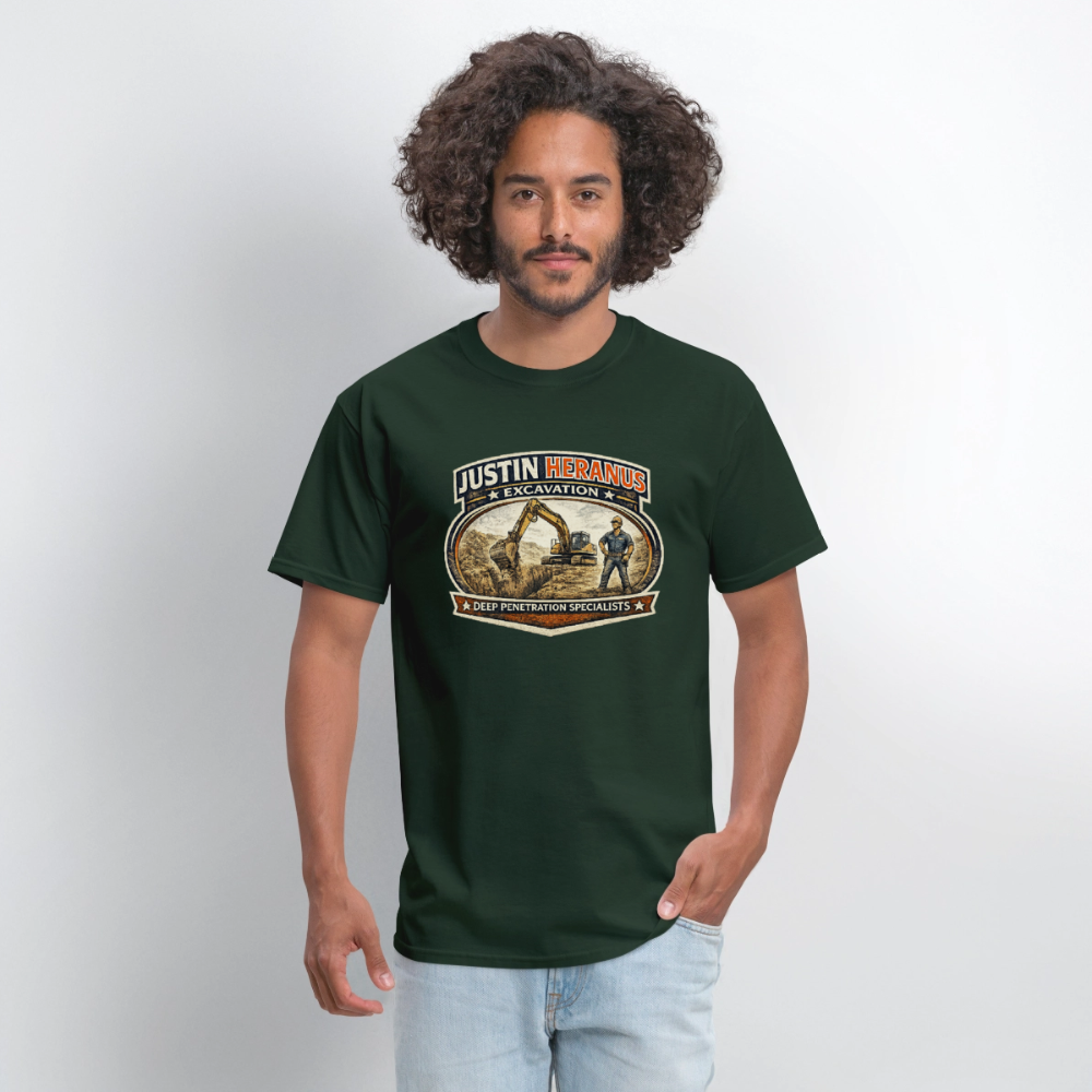 Justin Heranus Excavation T-Shirt Funny Adult Humor Tee - forest green