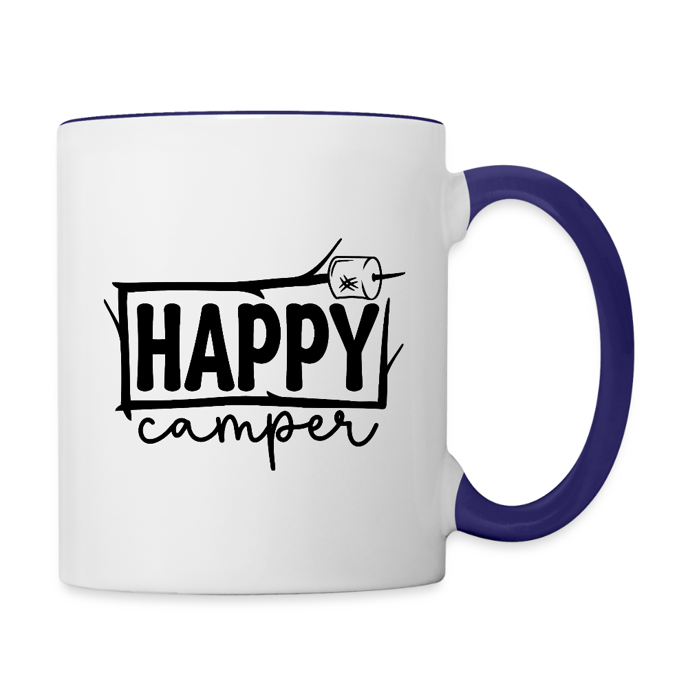 Happy Camper Coffee Mug – Funny Outdoor Toilet Paper Humor - white/cobalt blue
