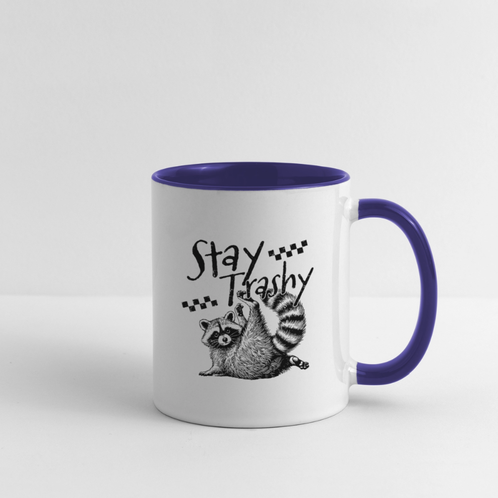 Stay Trashy Coffee Mug – Funny Feral Raccoon Design - white/cobalt blue