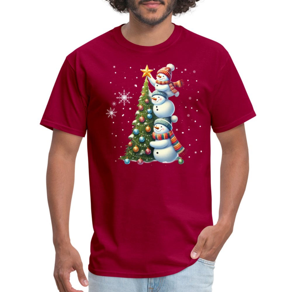 Cute Snowman Decorating Christmas Tree T-Shirt - dark red