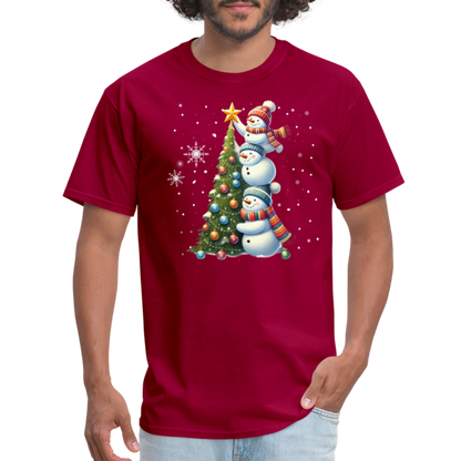 Cute Snowman Decorating Christmas Tree T-Shirt - dark red