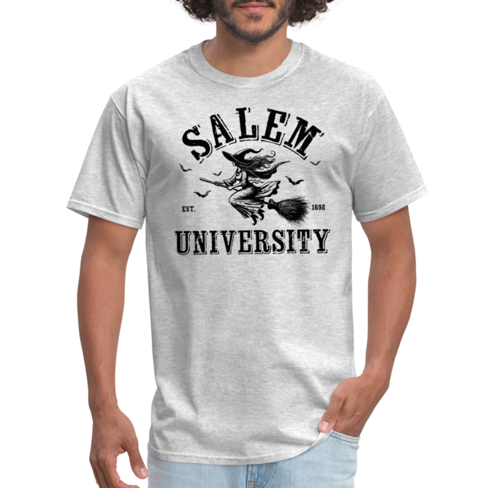 Salem University T-Shirt (Halloween Witch Riding Broom) - heather gray