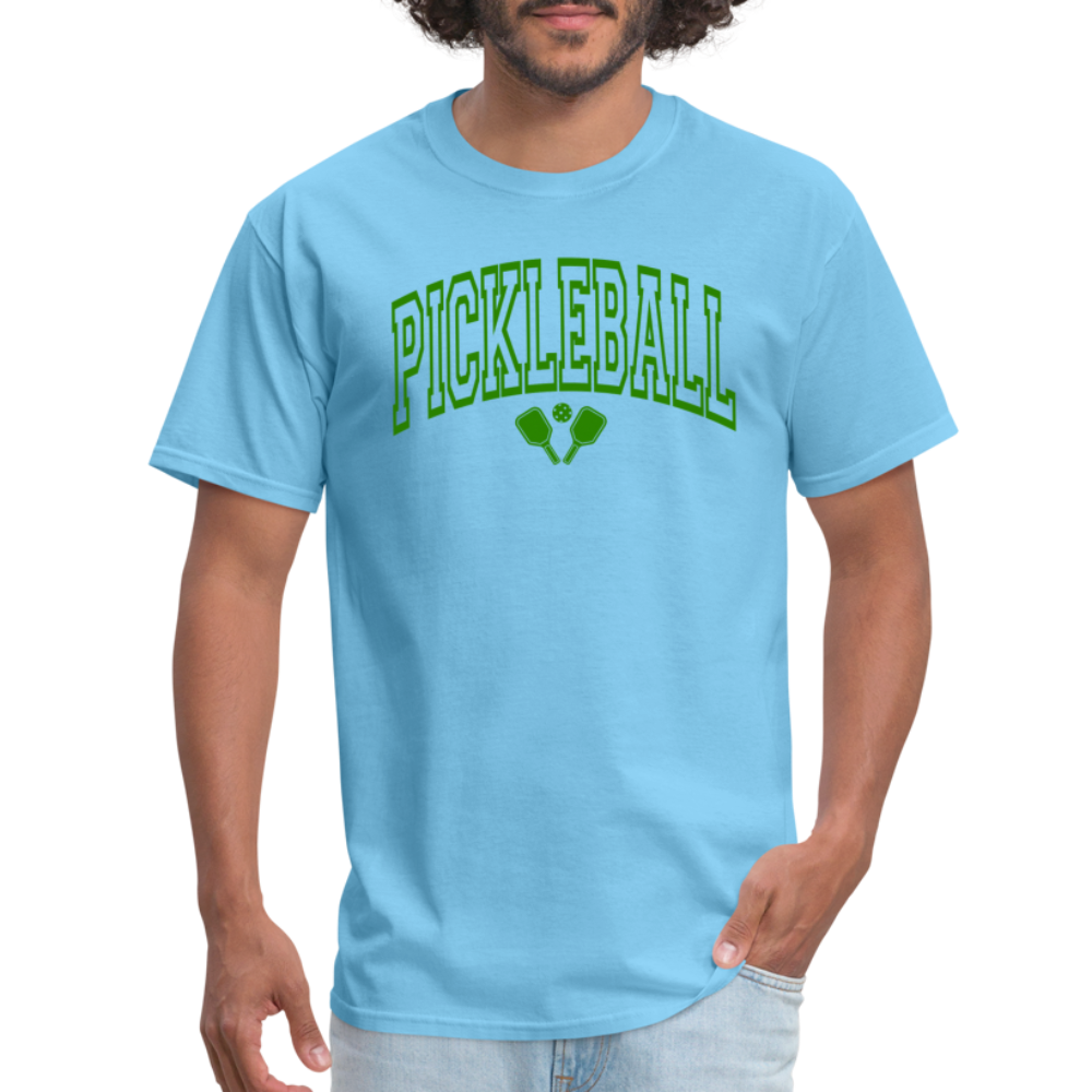 Pickleball T-Shirt (Green Arch Letters) - aquatic blue