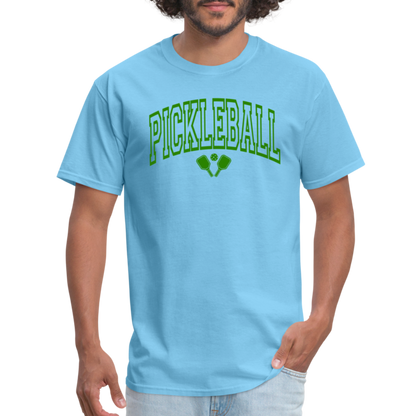 Pickleball T-Shirt (Green Arch Letters) - aquatic blue