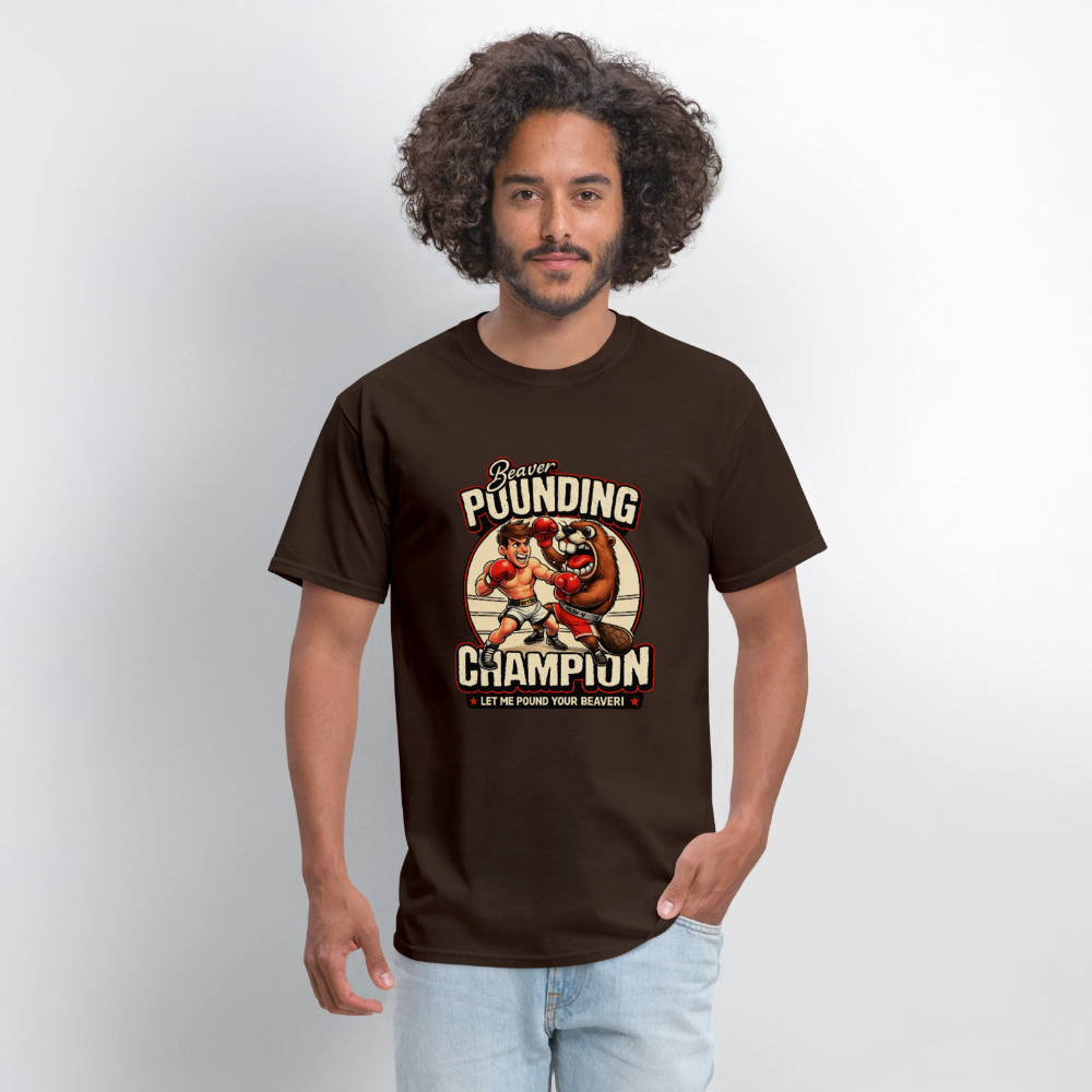 Beaver Pounding Champion Funny Adult Humor Graphic T-Shirt - brown