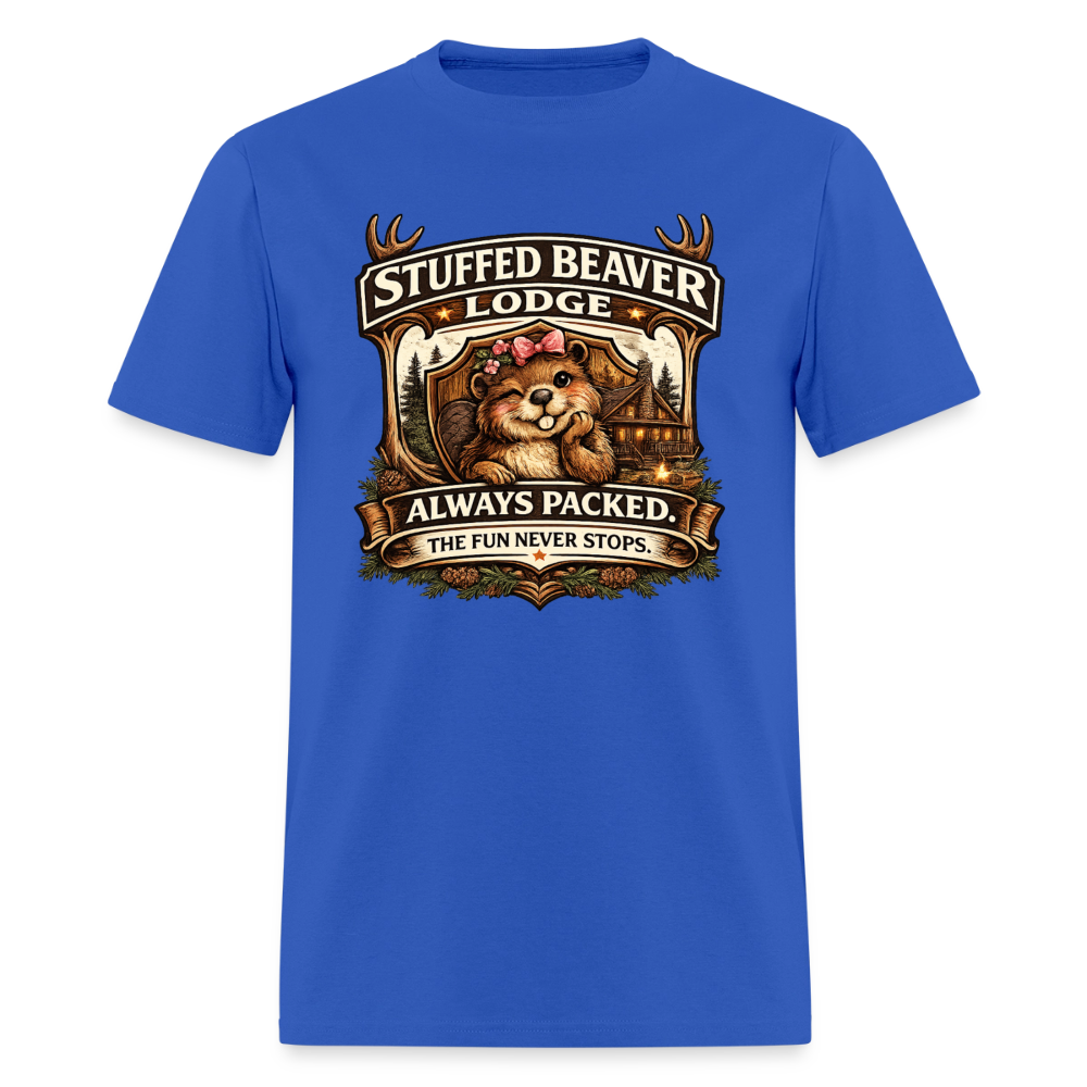 Stuffed Beaver Lodge Funny Adult T-Shirt Color: Royal Blue