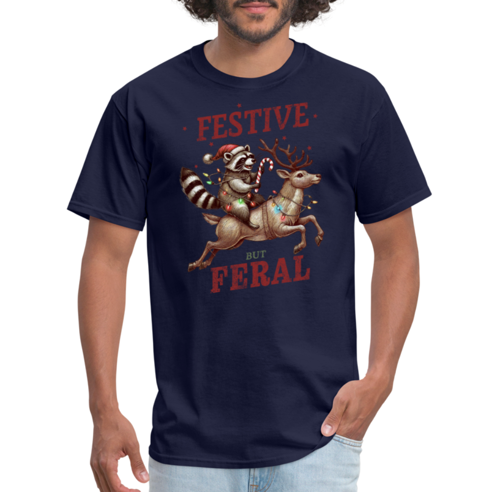 Festive But Feral Raccoon Christmas T-Shirt - navy