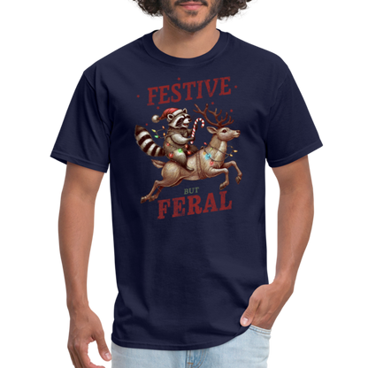 Festive But Feral Raccoon Christmas T-Shirt - navy