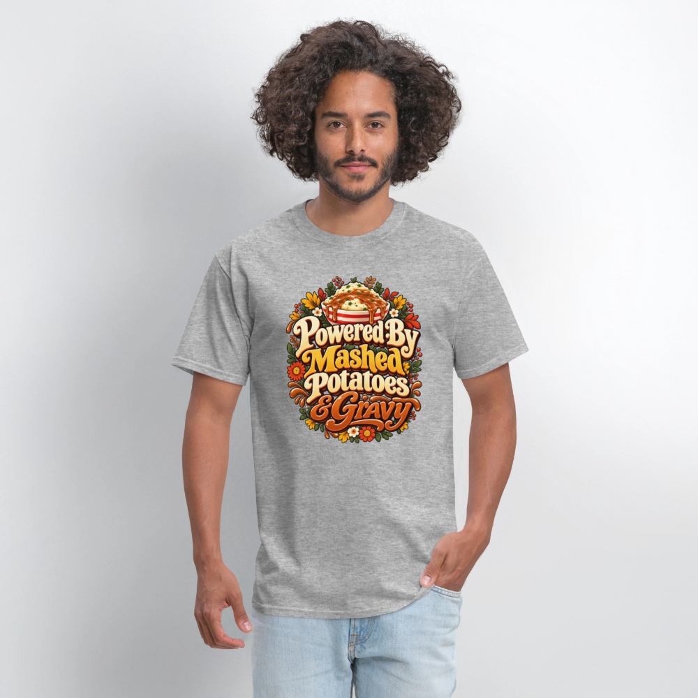 Powered by Mashed Potatoes & Gravy – Fall Floral T-Shirt - heather gray