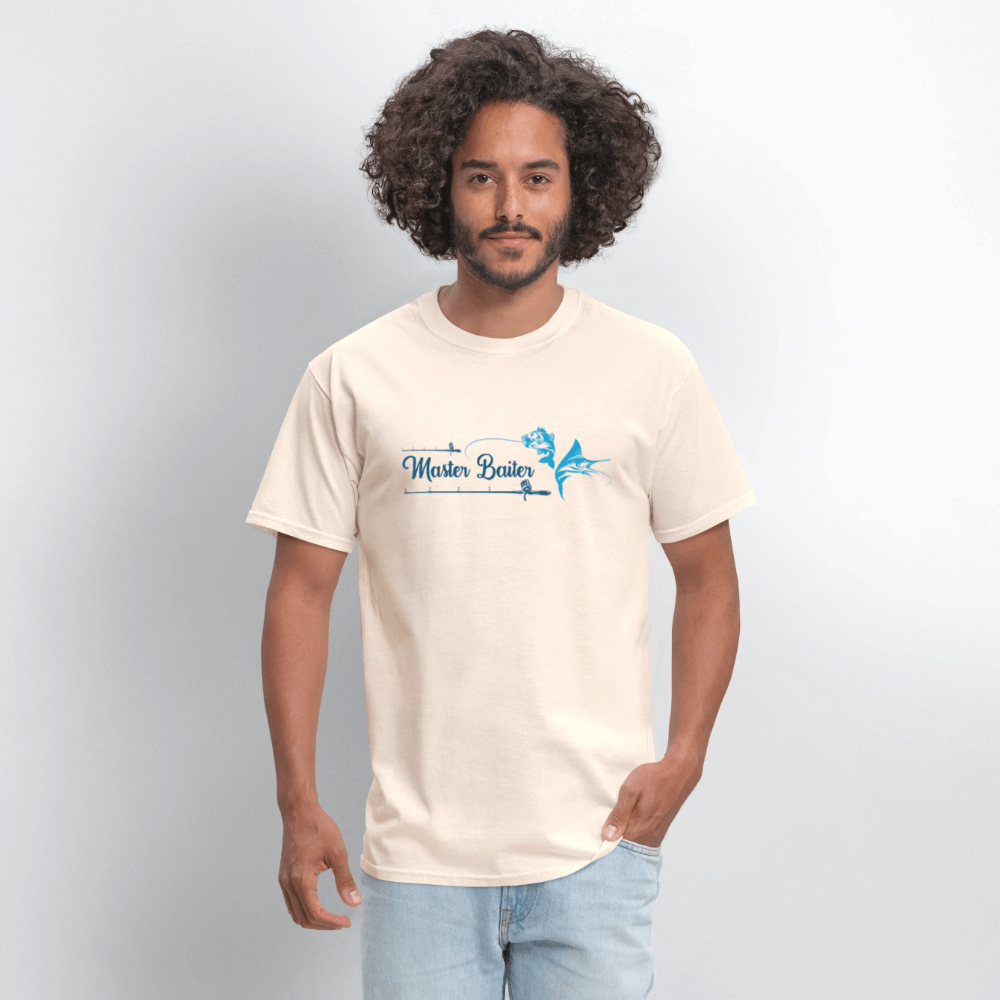 Master Baiter T-Shirt with Hooked Fish and Cursive Text - natural