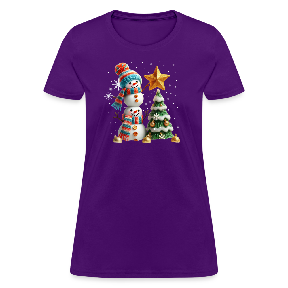 Cute Christmas Funny Snowman Decorating Tree Women's Contoured T-Shirt - purple