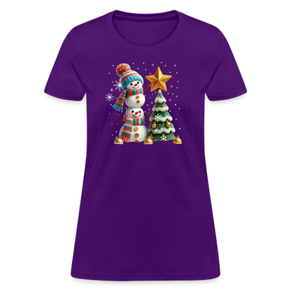 Cute Christmas Funny Snowman Decorating Tree Women's Contoured T-Shirt - purple