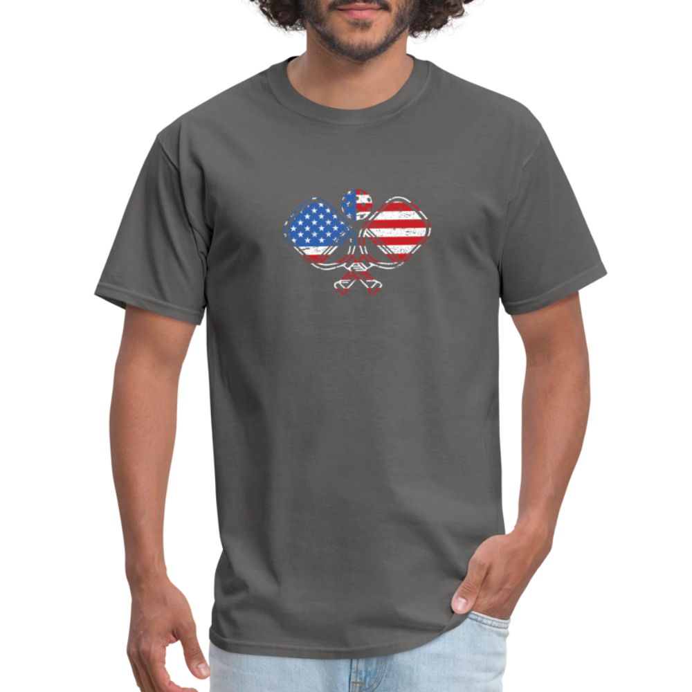 American Flag Pickleball Paddle T-Shirt - charcoal