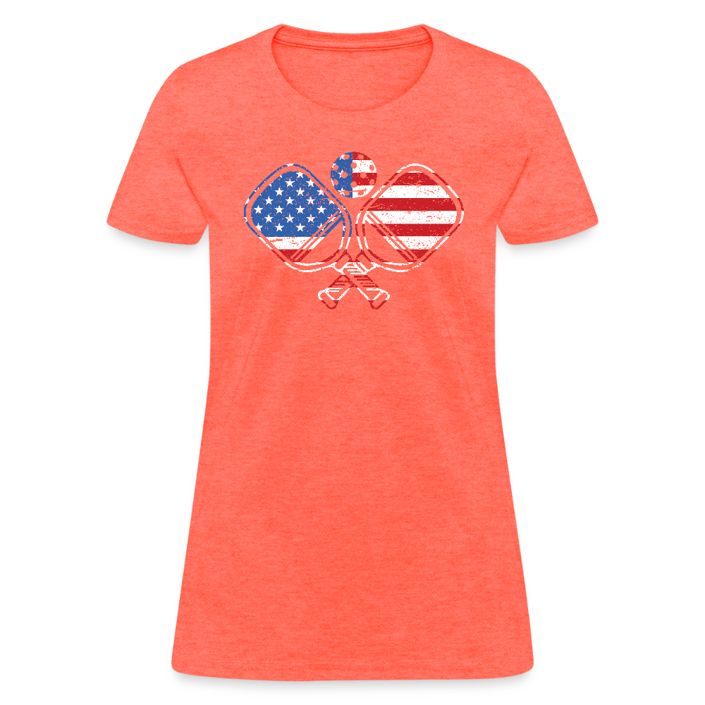 American Flag Pickleball Paddle Women's Contoured T-Shirt - heather coral