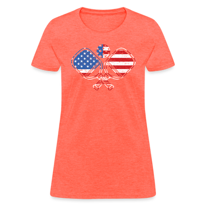 American Flag Pickleball Paddle Women's Contoured T-Shirt - heather coral