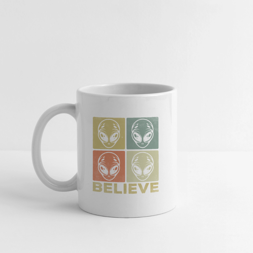 Believe Alien Coffee Mug – Funny UFO Mug with Alien Faces - white