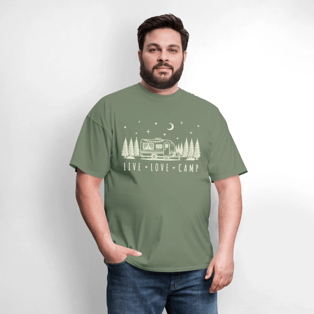 Live Love Camp T-Shirt – Camper Under the Night Sky - military green