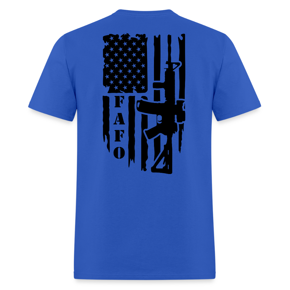 FAFO T-Shirt – AR-15 & American Flag Back Print Color: royal blue