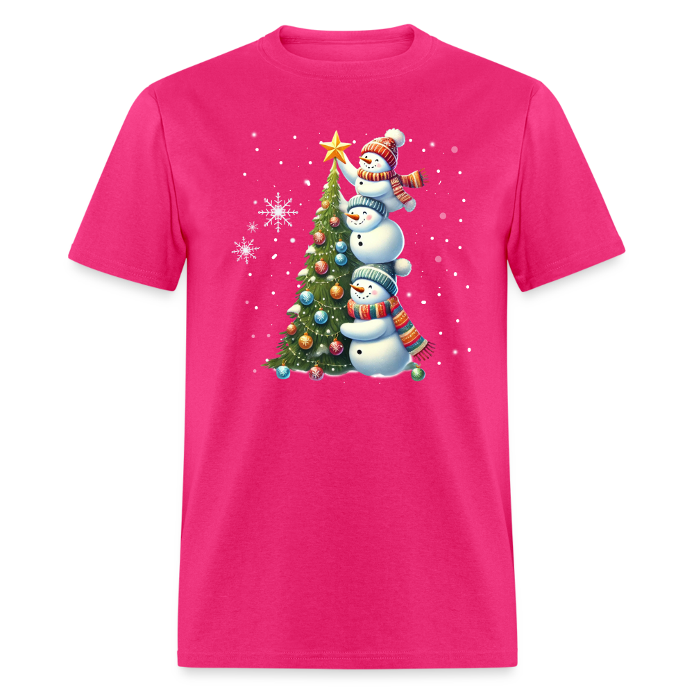 Cute Snowman Decorating Christmas Tree T-Shirt - fuchsia