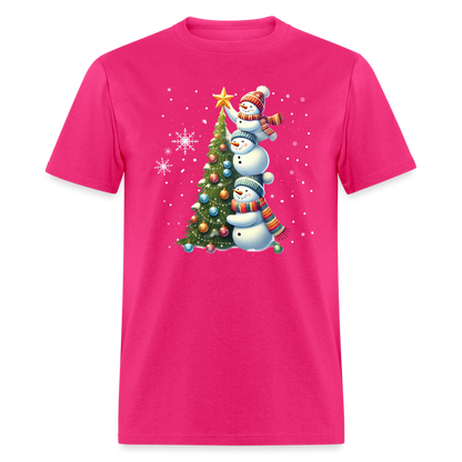 Cute Snowman Decorating Christmas Tree T-Shirt - fuchsia