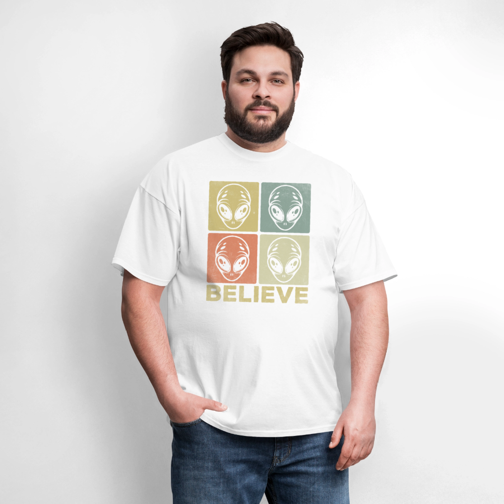Believe Alien T-Shirt – UFO Style with Alien Faces Design - white