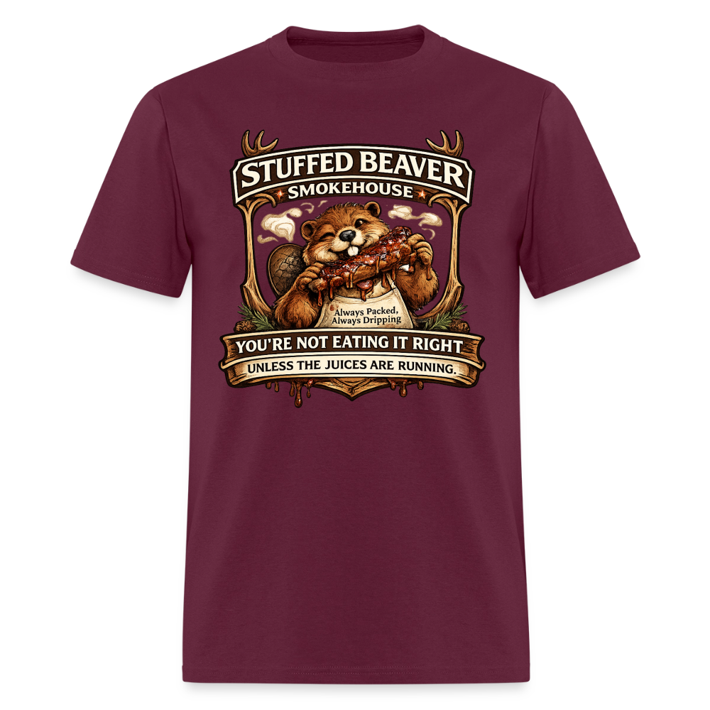 Stuffed Beaver Smokehouse Funny T-Shirt Color: Burgundy