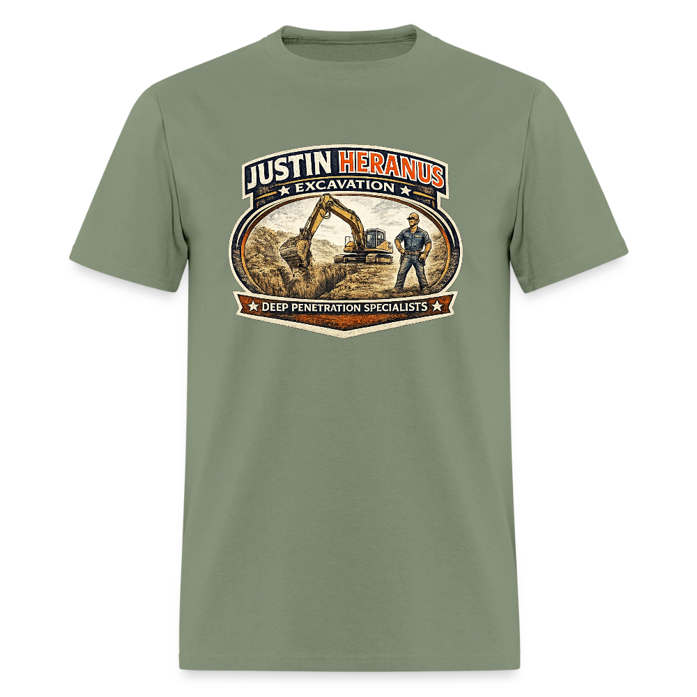 Justin Heranus Excavation T-Shirt Funny Adult Humor Tee - military green