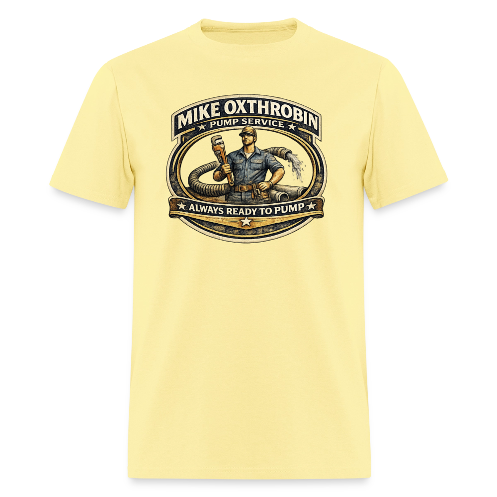 Mike Oxthrobin Pump Service T-Shirt Funny Adult Humor Tee Color: cornsilk