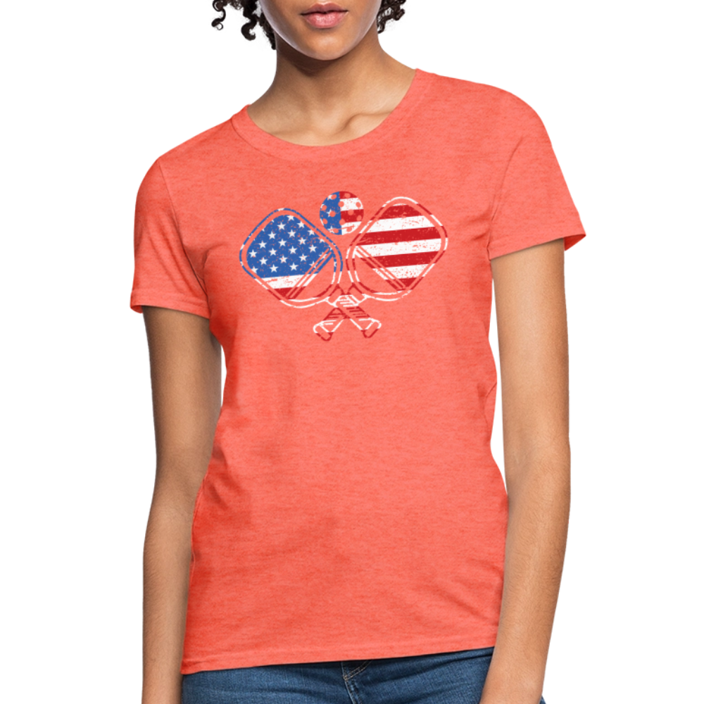 American Flag Pickleball Paddle Women's Contoured T-Shirt - heather coral