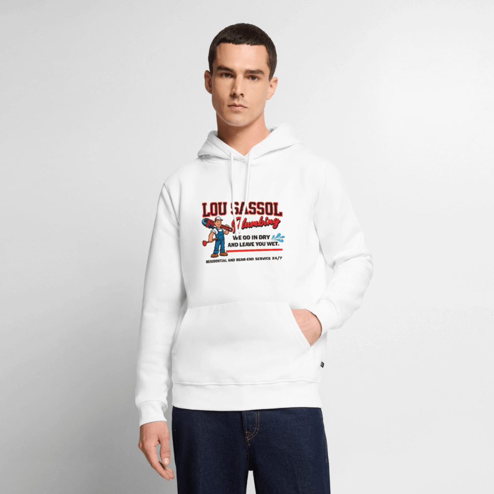 Lou Sassol Plumbing Hoodie – Funny Adult Humor Hoodie for Men Color: white
