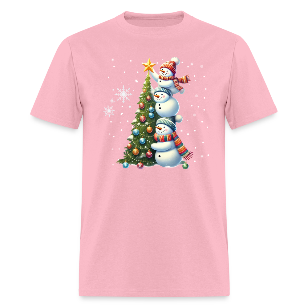 Cute Snowman Decorating Christmas Tree T-Shirt - pink