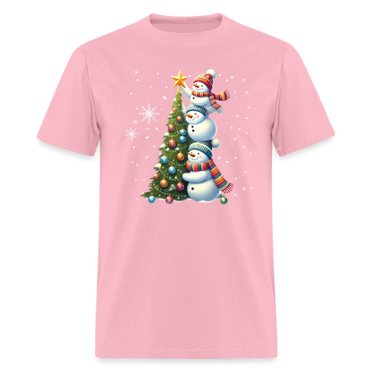 Cute Snowman Decorating Christmas Tree T-Shirt - pink