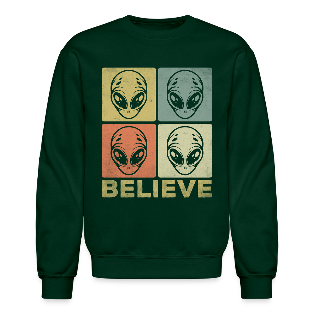 Believe Alien Sweatshirt – Fun UFO Style with Alien Faces Color: forest green