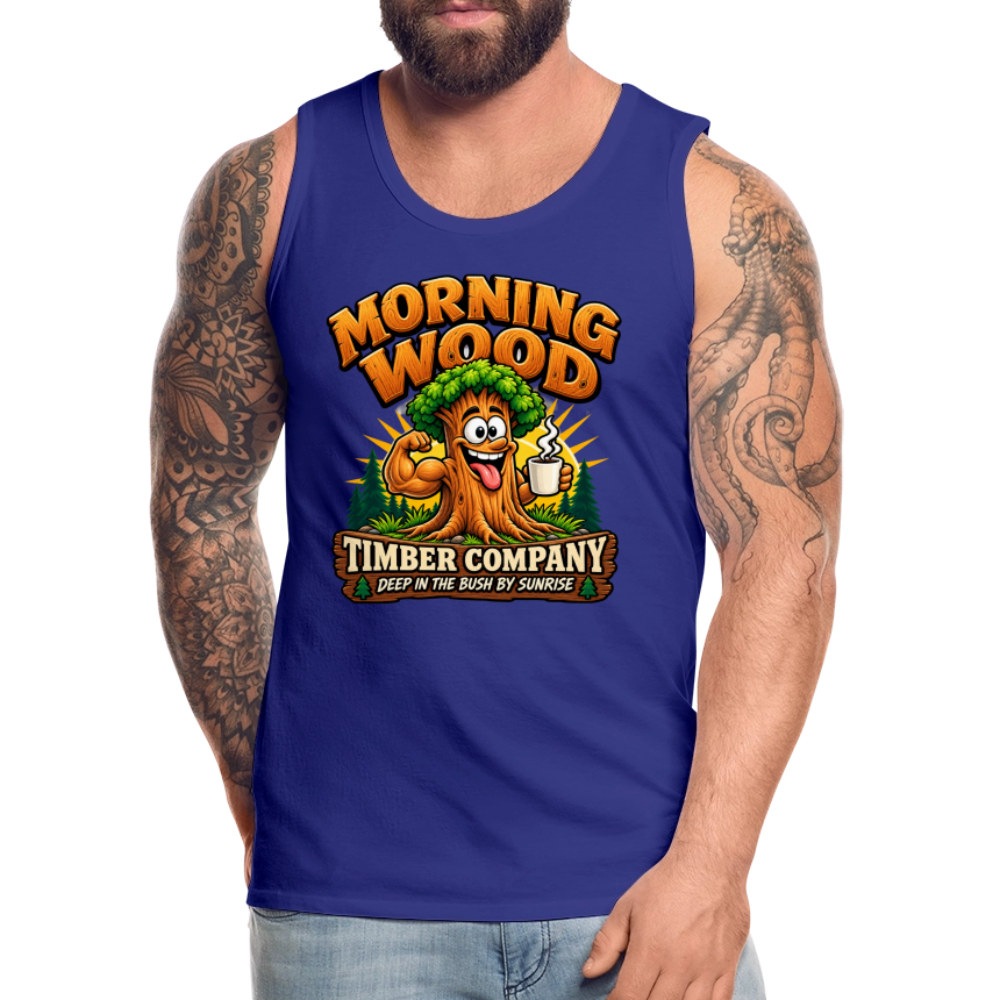 Morning Wood Timber Company Funny Adult Humor Tank Top Color: Royal Blue