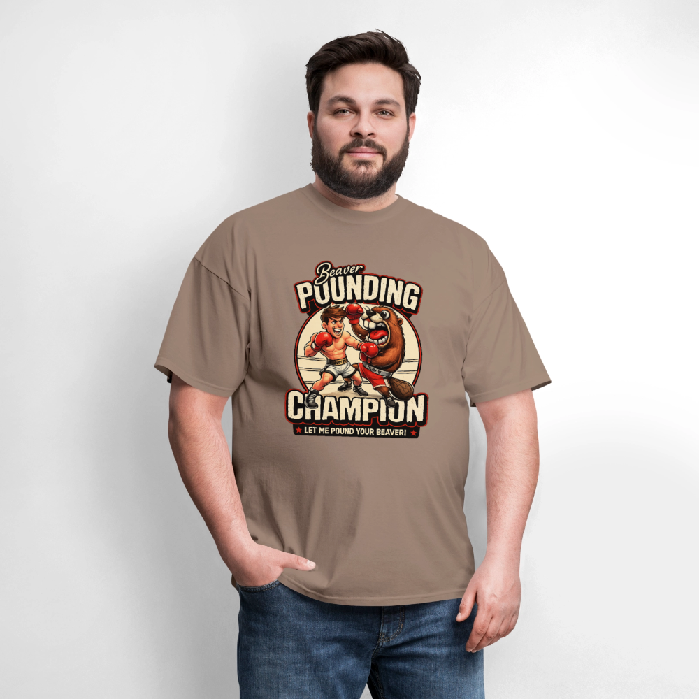 Beaver Pounding Champion Funny Adult Humor Graphic T-Shirt - safari