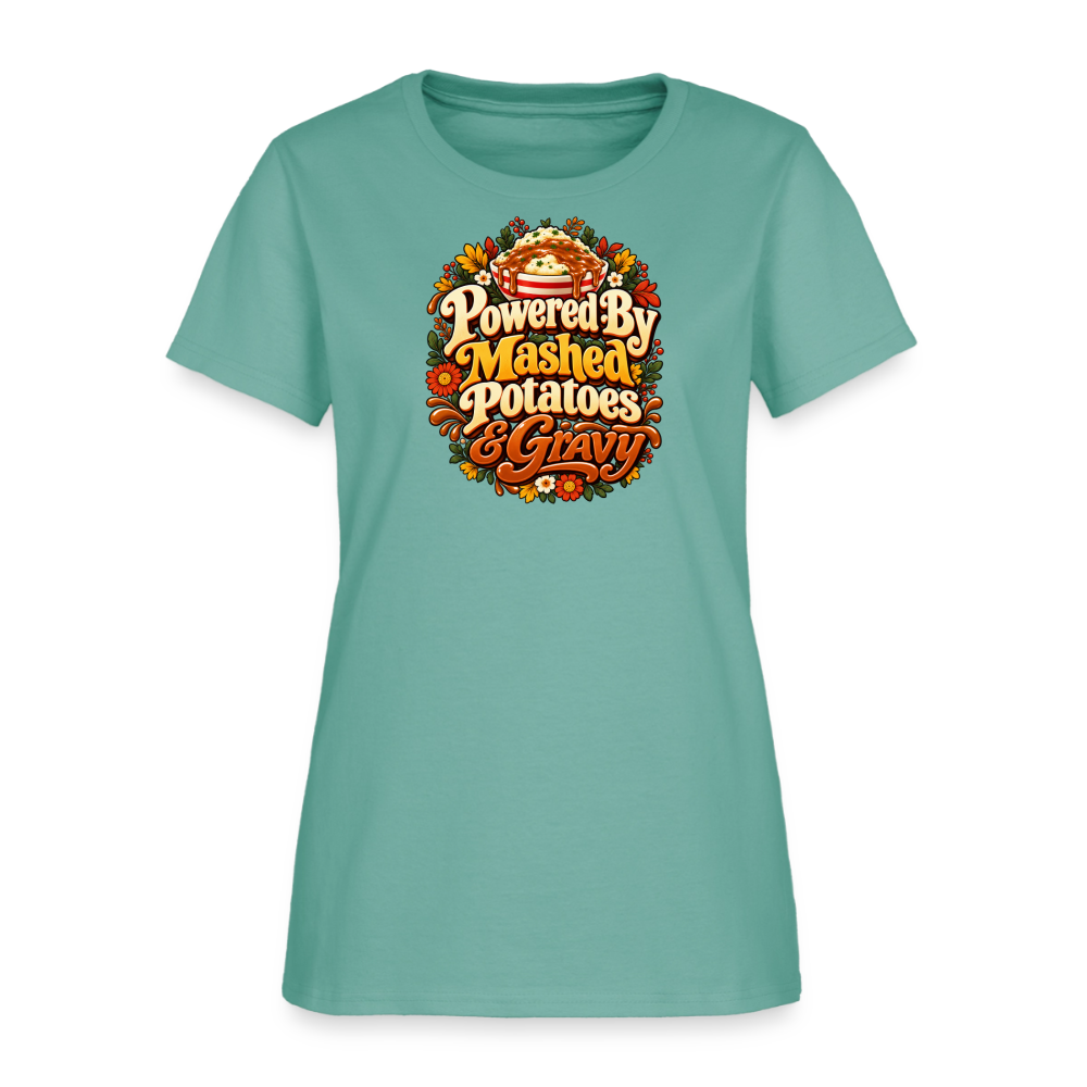 Powered by Mashed Potatoes & Gravy – Fall Floral Women’s T-Shirt - aquatic