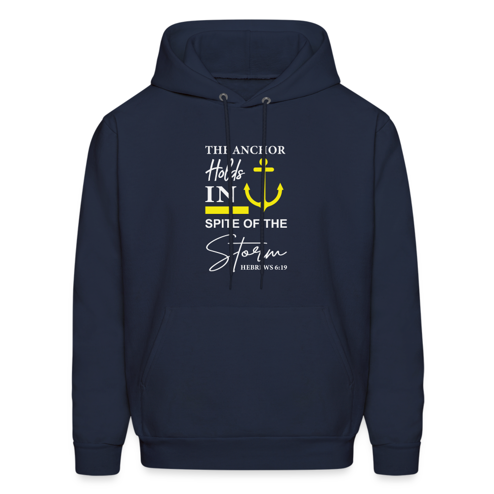 The Anchor Holds in Spit of the Storm Hoodie (Hebrews 6:19) - navy