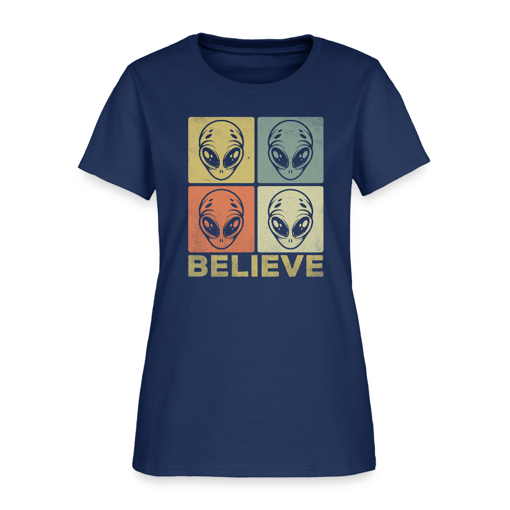 Believe Alien Women’s T-Shirt – Cute UFO Style with Alien Faces -  blue dusk