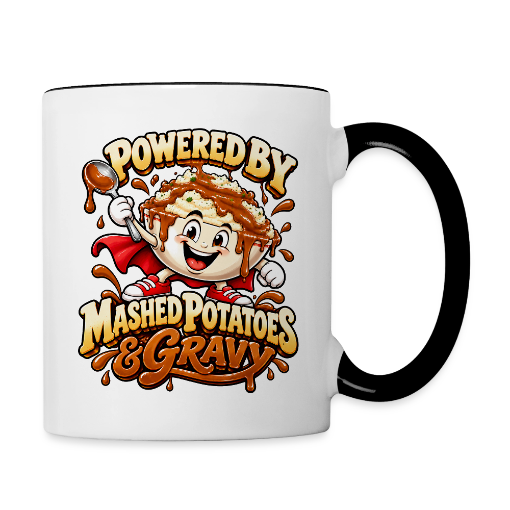Powered by Mashed Potatoes & Gravy – Superhero Coffee Mug - white/black