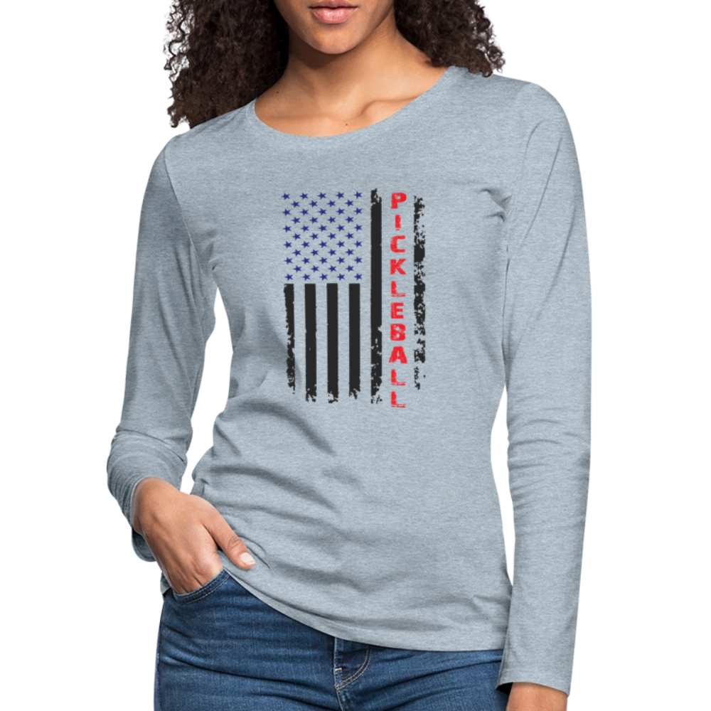 Pickleball Flag Women’s Premium Long Sleeve T-Shirt – Proud, Patriotic & Playful - heather ice blue